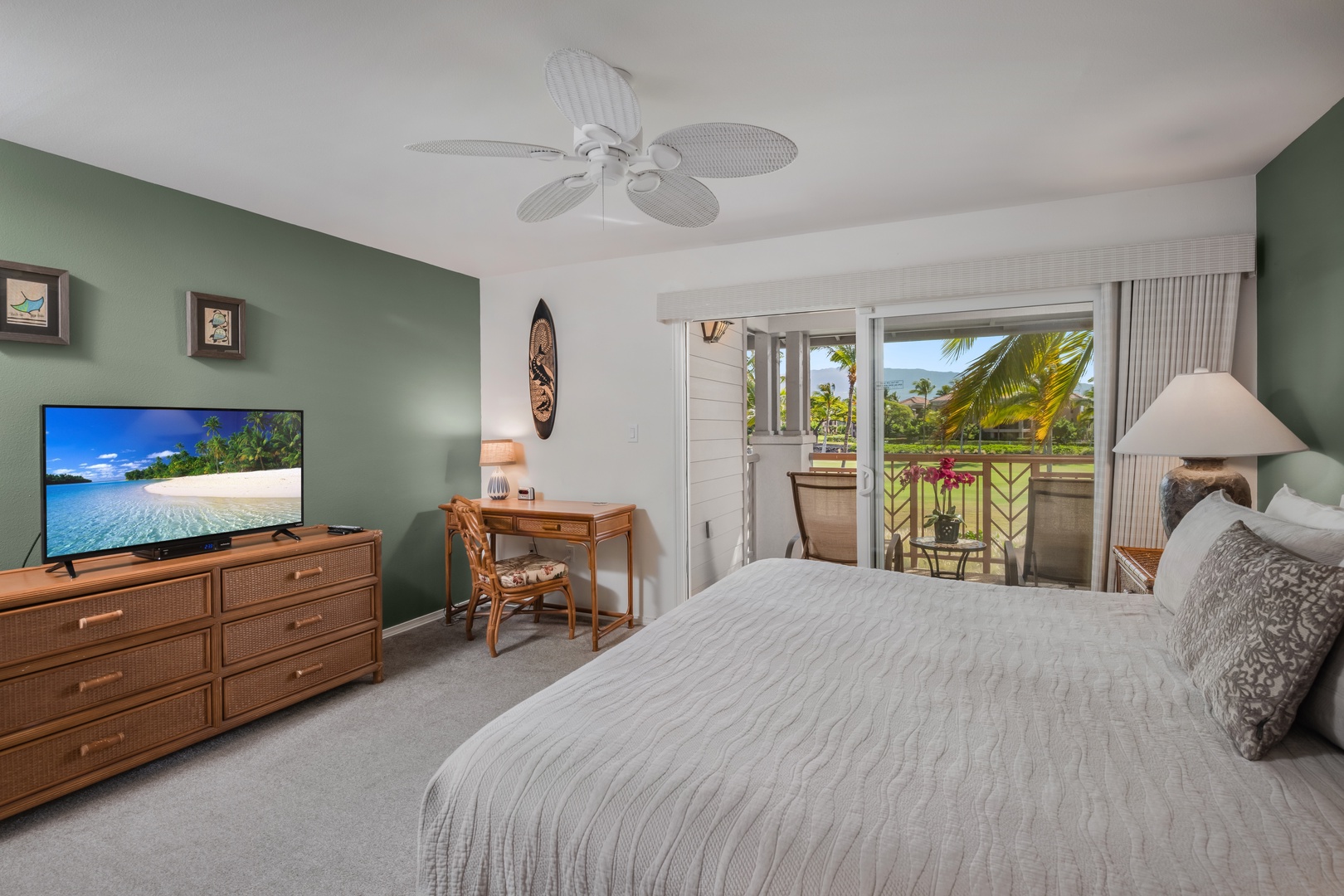 Waikoloa Vacation Rentals, Waikoloa Colony Villas 403 - Primary Bedroom w Flat-Screen TV and Desk.