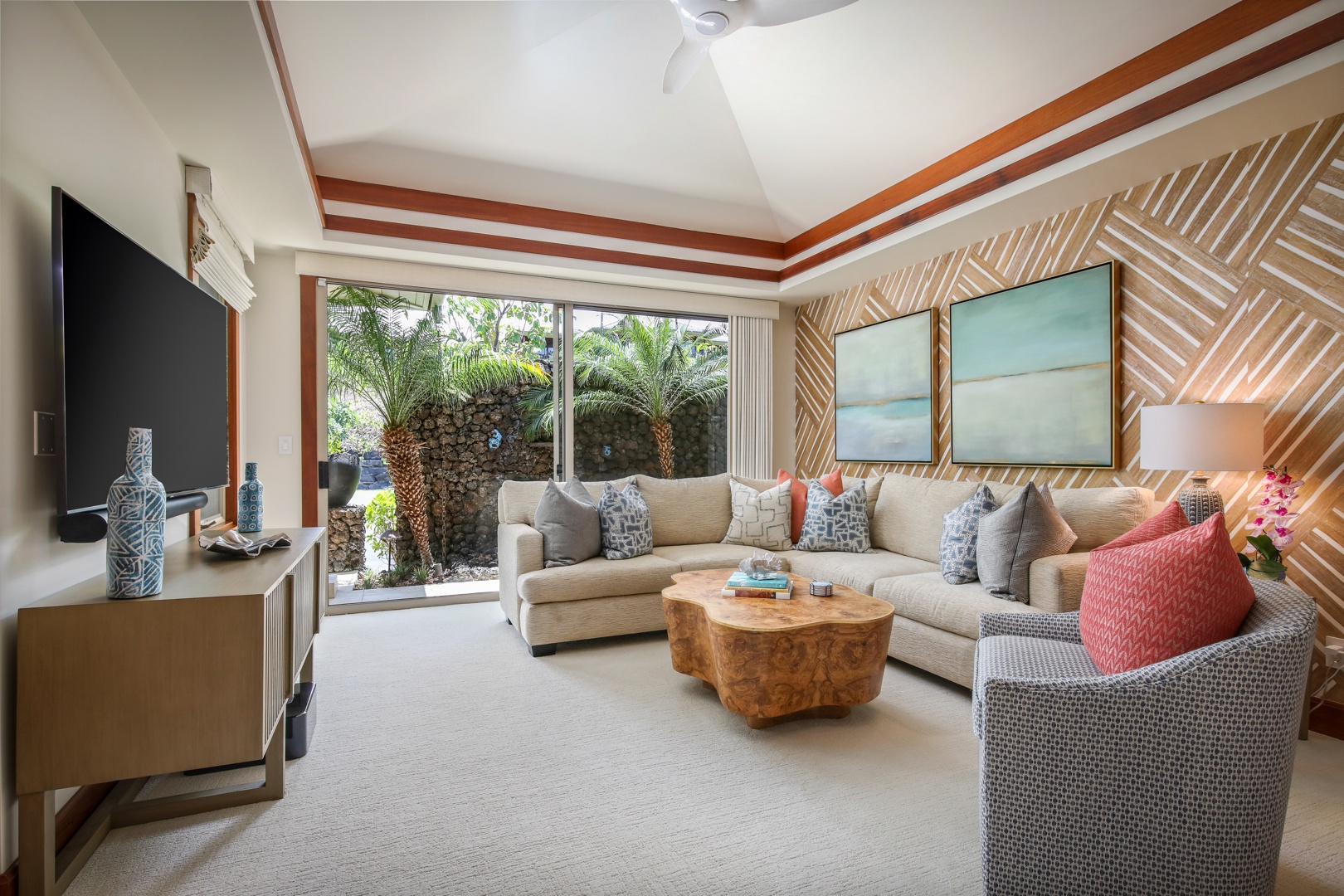 Kailua Kona Vacation Rentals, 4BD Hainoa Estate (122) at Four Seasons Resort at Hualalai - Media room with 65” Smart flat screen television, ample seating and sliding doors to the outdoors.