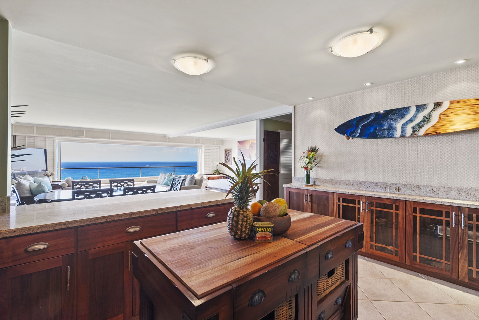 Honolulu Vacation Rentals, Hale Kaimana Breeze - Sleek kitchen design with ample counter space and ocean views.