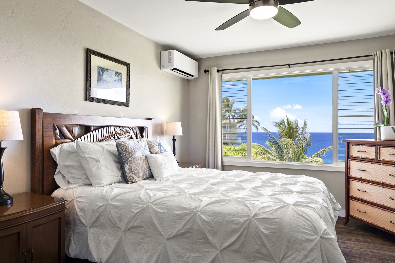 Princeville Vacation Rentals, Alii Kai 7201 - Fresh white bedding and the ocean at the window, reason enough to sleep in.