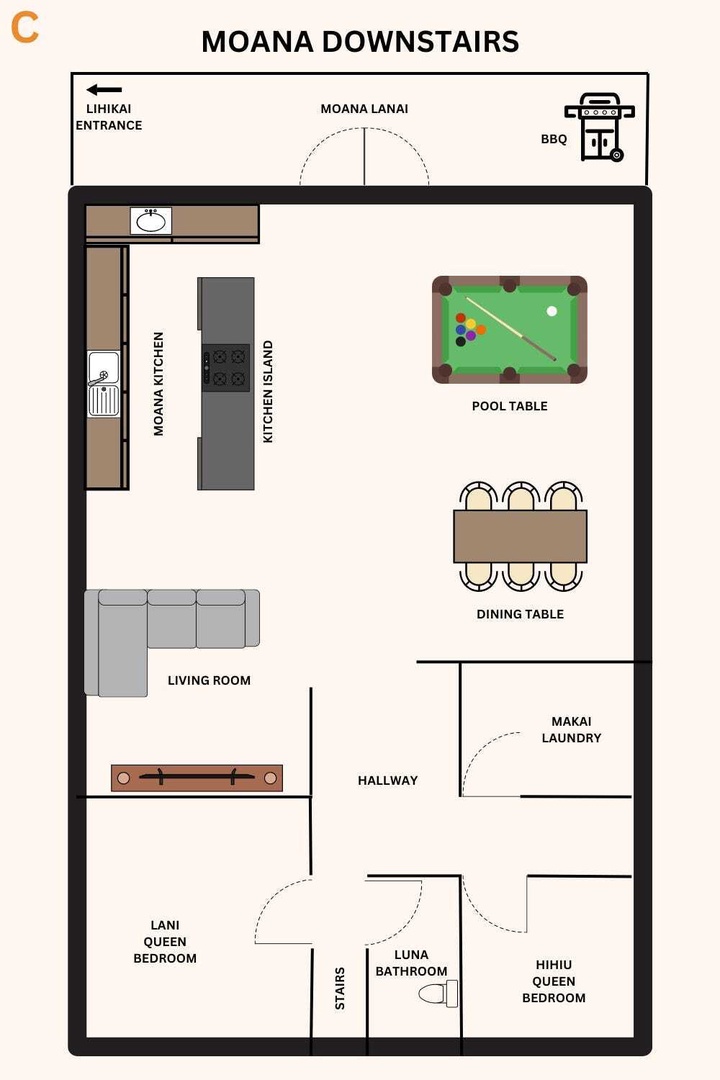 Kailua Kona Vacation Rentals, Kona Beach Bungalows** - A detailed floor plan shows your spacious Hawaiian home with pool table, full kitchen, dining area, living room, and bedrooms.