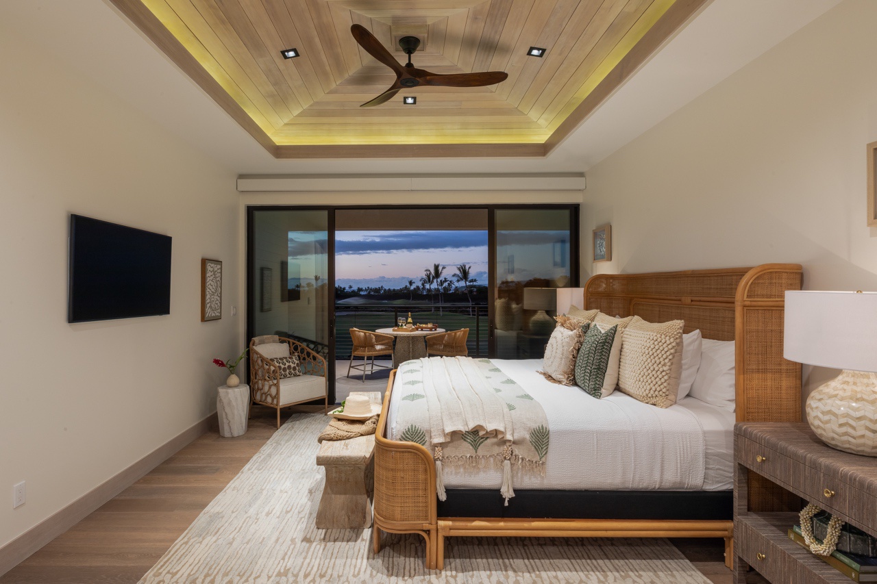 Waimea Vacation Rentals, 5BD Mauna Lani Lux Golf Estate (4) at One Ocean - This bedroom beautifully marries elegance and comfort, offering a serene haven with its plush bedding and natural wood accents.