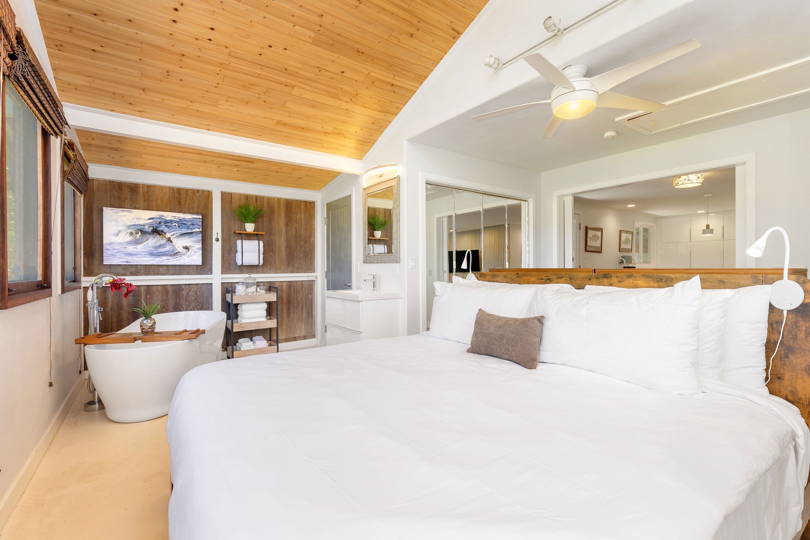 Haleiwa Vacation Rentals, Velzey Villa (3B Vacation Home) - Inviting bedroom with vaulted ceilings, modern design, and easy access to the ensuite bath.