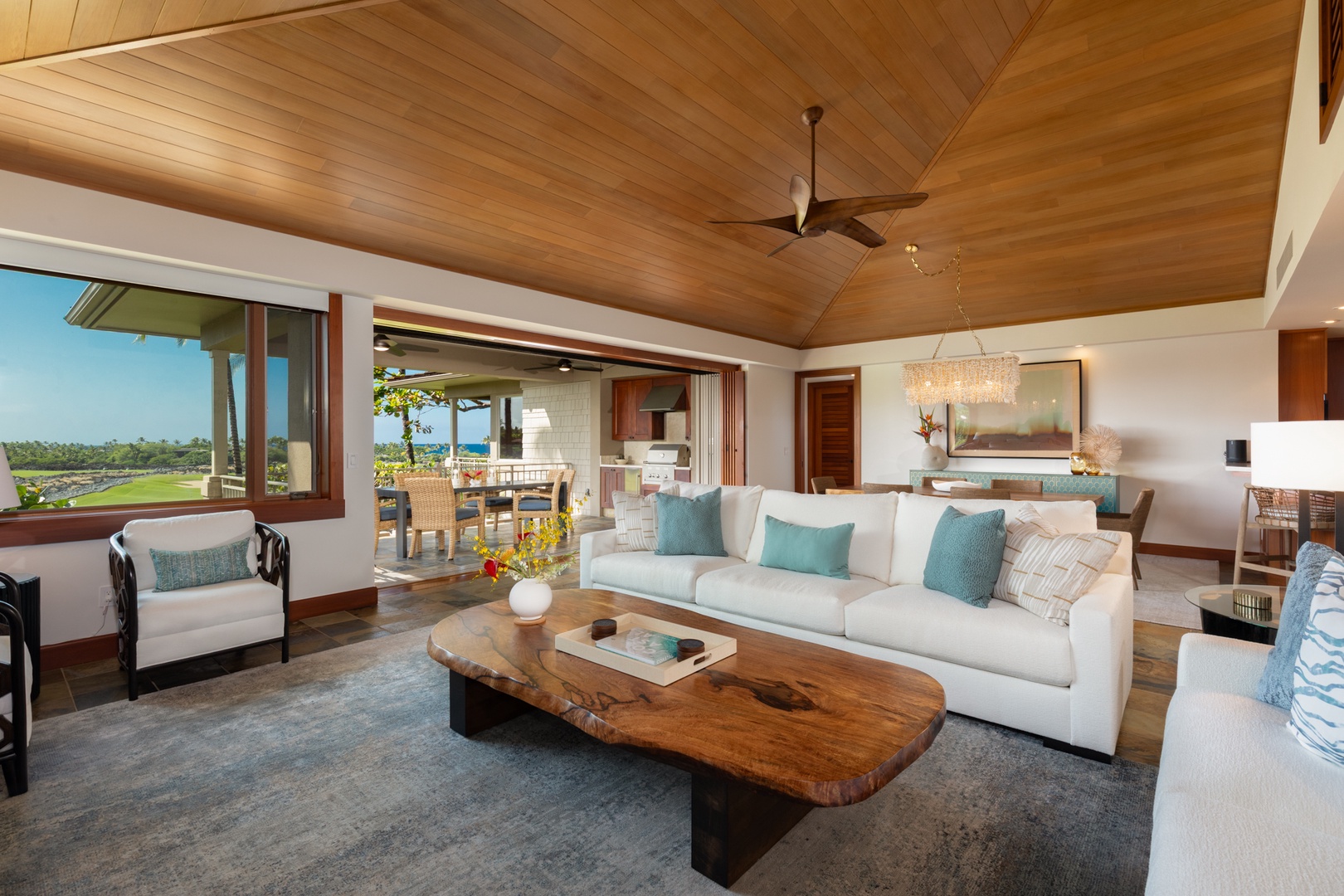 Kailua Kona Vacation Rentals, 3BD Waiulu Villa (111D) at Hualalai Resort - Sink into plush seating beneath soaring wood ceilings while ocean breezes drift through your open-concept living space.