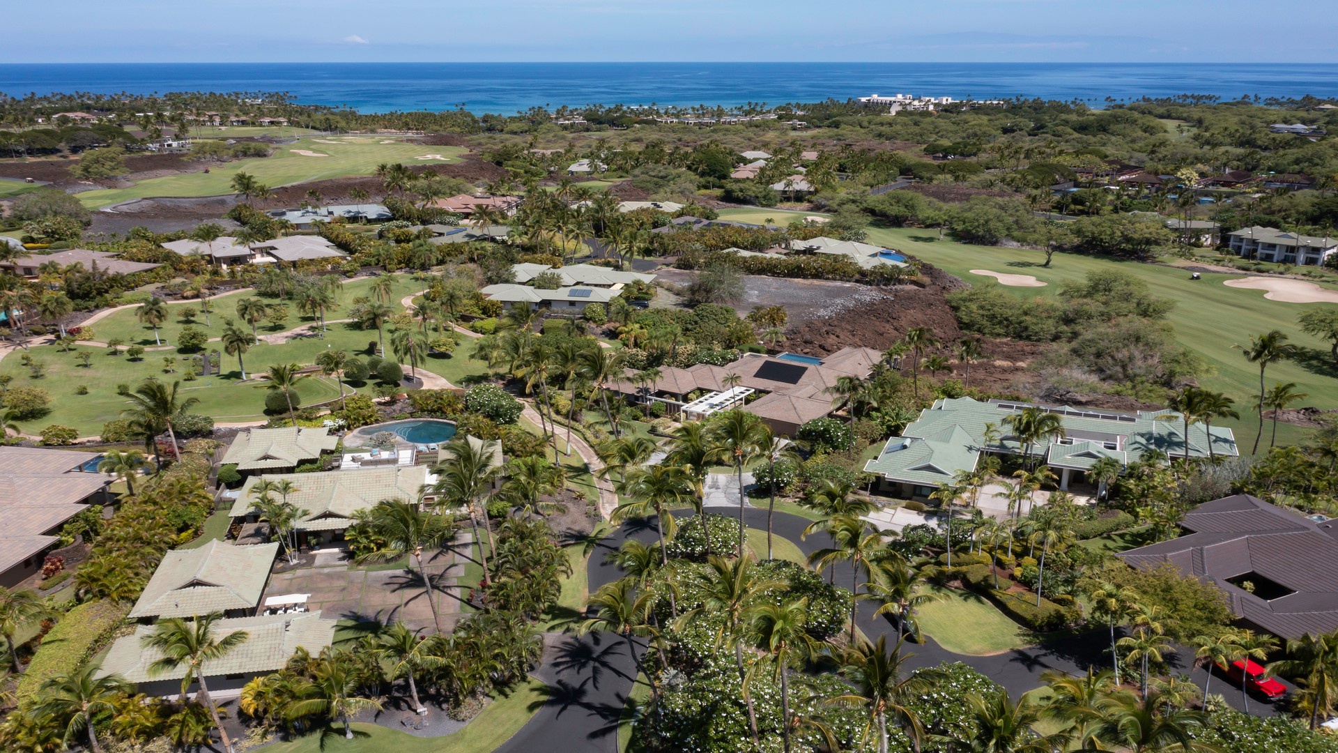 Kamuela Vacation Rentals, Canoe House & Beach Walker at Champion Ridge - Aerial view of Canoe House at Champion Ridge, showcasing its premier location in Mauna Lani Resort near beaches, golf, and luxury dining.