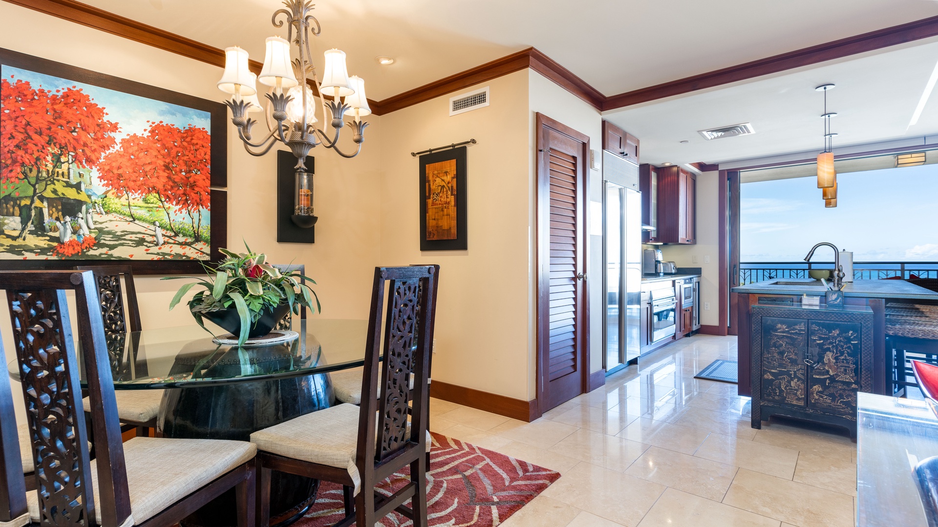 Kapolei Vacation Rentals, Ko Olina Beach Villas O905 - The dining room with formal seating and a soft ambiance.