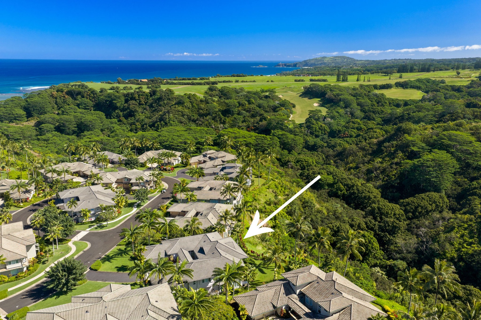 Princeville Vacation Rentals, Kaiulani #8 - Find the townhome by the arrow, with ocean spreading out beyond the green.