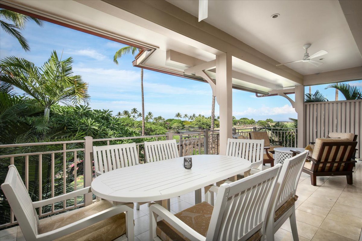 Kailua Kona Vacation Rentals, 3BD Ka'ulu Villa (129B) at Hualalai Resort - Al fresco dining on the lanai with table for six.