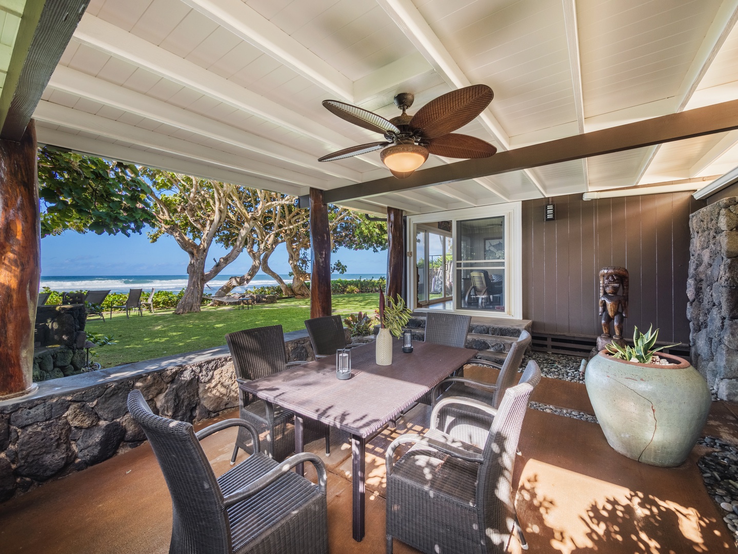 Haleiwa Vacation Rentals, Sunset Point Hawaiian Beachfront** - Cozy indoor-outdoor living.