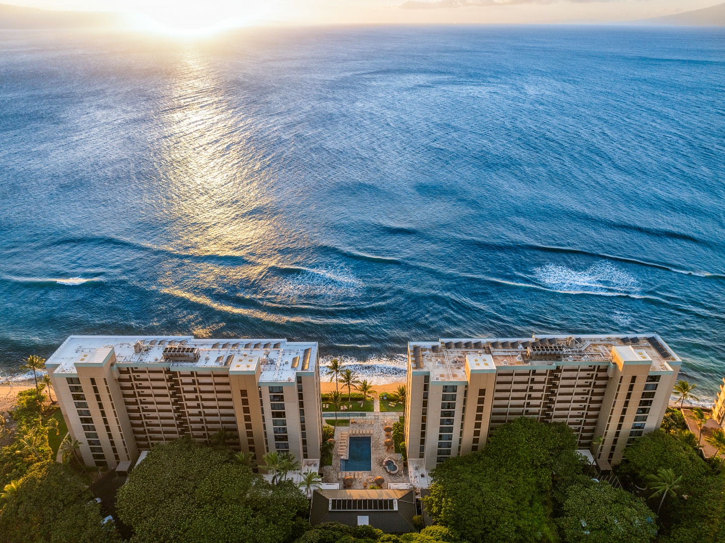 Lahaina Vacation Rentals, Mahana 1118 - Aerial view reveals Mahana 1118’s prime oceanfront location on Ka'anapali Beach.