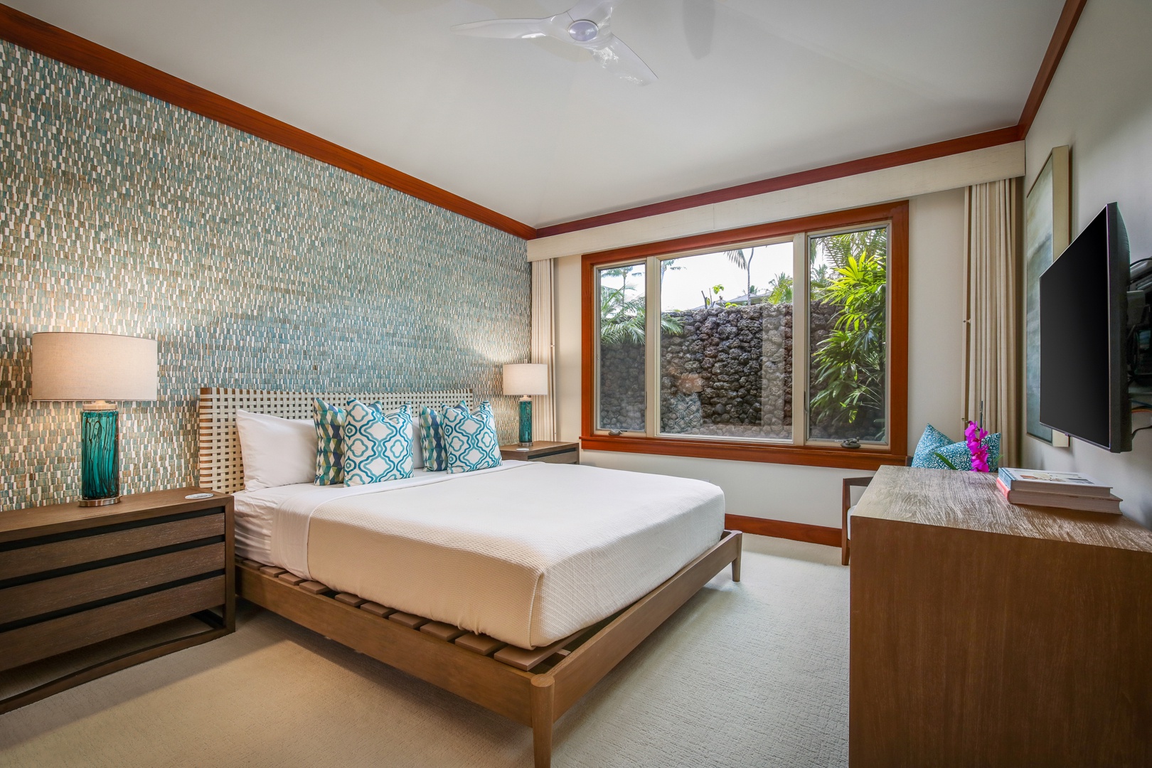 Kailua Kona Vacation Rentals, 4BD Hainoa Estate (122) at Four Seasons Resort at Hualalai - Guest Room 3 with king bed, garden views, Smart flat screen television and en suite bath.