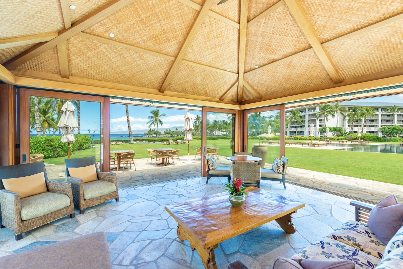 Kamuela Vacation Rentals, 3BD Na Hale 3 at Pauoa Beach Club at Mauna Lani Resort - Discover tranquility and service at Pauoa Beach Club's shaded lounge with views