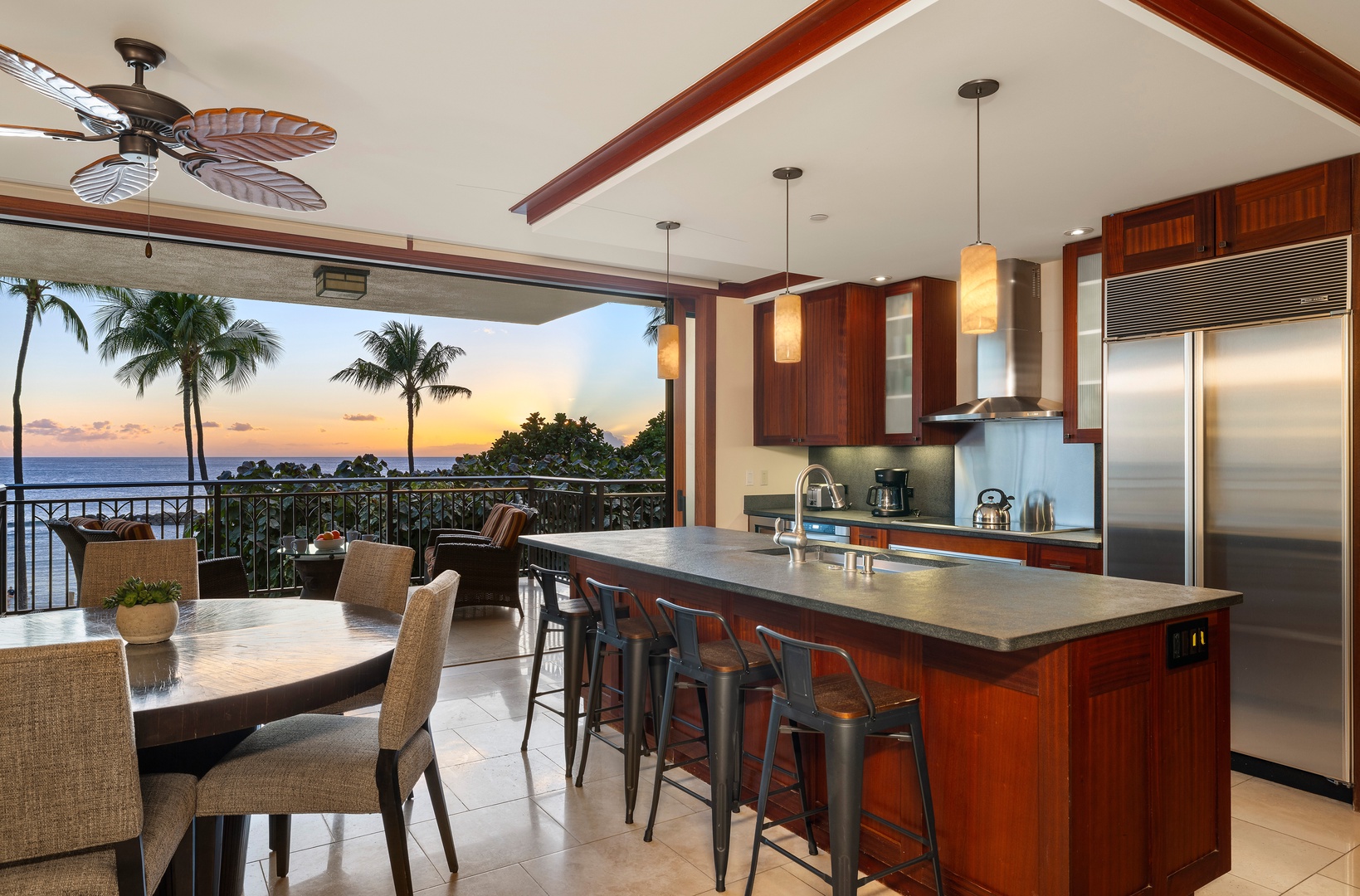Kapolei Vacation Rentals, Ko Olina Beach Villas B210 - Chef-ready kitchen with Sub-Zero, Wolf appliances, and wine fridge.