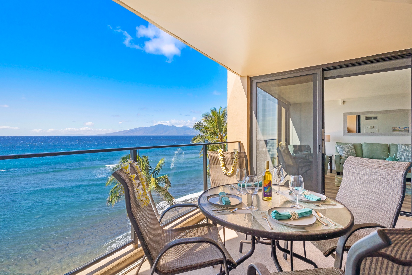 Lahaina Vacation Rentals, Mahana 718 - Oceanfront dining on your private lanai at Mahana 718 in Kaanapali, Maui.
