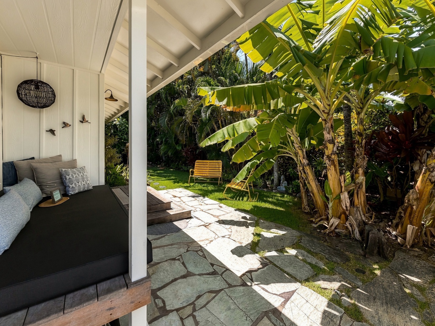 Kailua Vacation Rentals, Lanikai Ola Nani - The most-loved spot at the house: a shaded daybed facing the garden, perfect for a solo afternoon or a quiet visit with a friend.