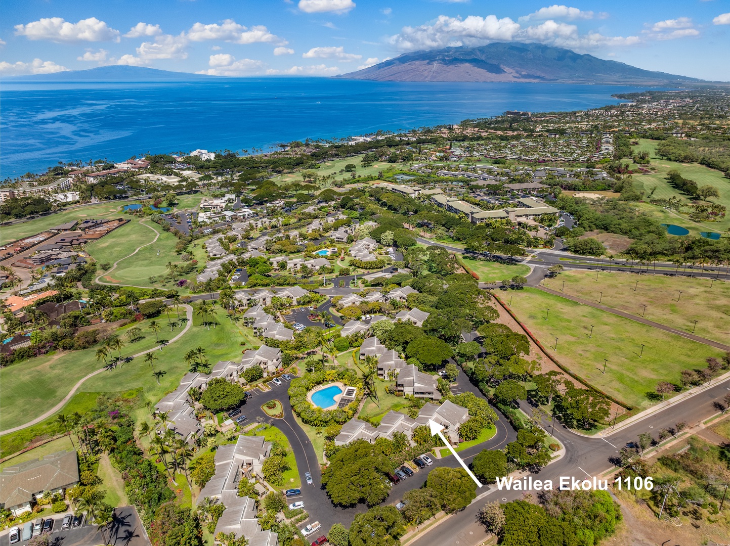 Kihei Vacation Rentals, Wailea Ekolu 1106 - Aerial view of Wailea Ekolu 1106, highlighting its prime location in the heart of Wailea.