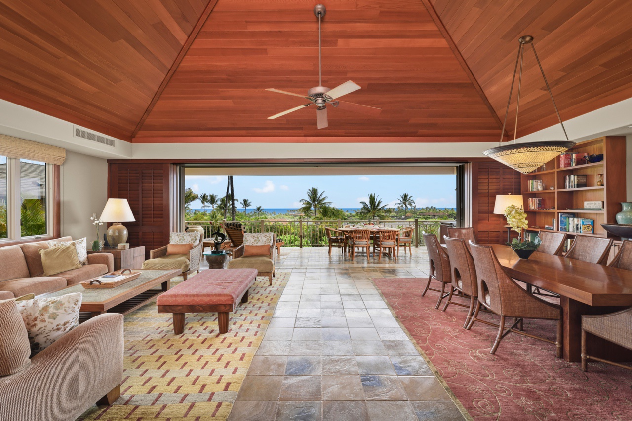 Kailua Kona Vacation Rentals, 3BD Ke Alaula Villa (210A) at Four Seasons Resort at Hualalai - View from upper landing entry across great room to lanai and beyond.