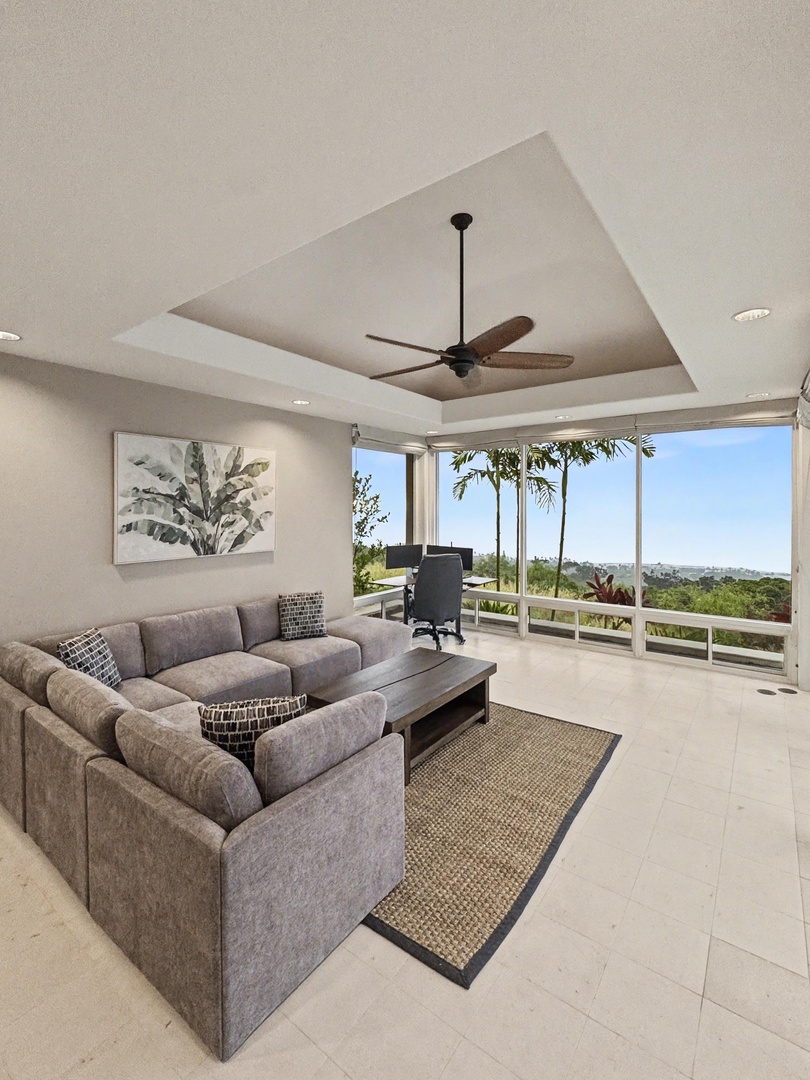 Kailua Kona Vacation Rentals, Hale Nai'a - Spacious living area with panoramic views and cooling trade winds.