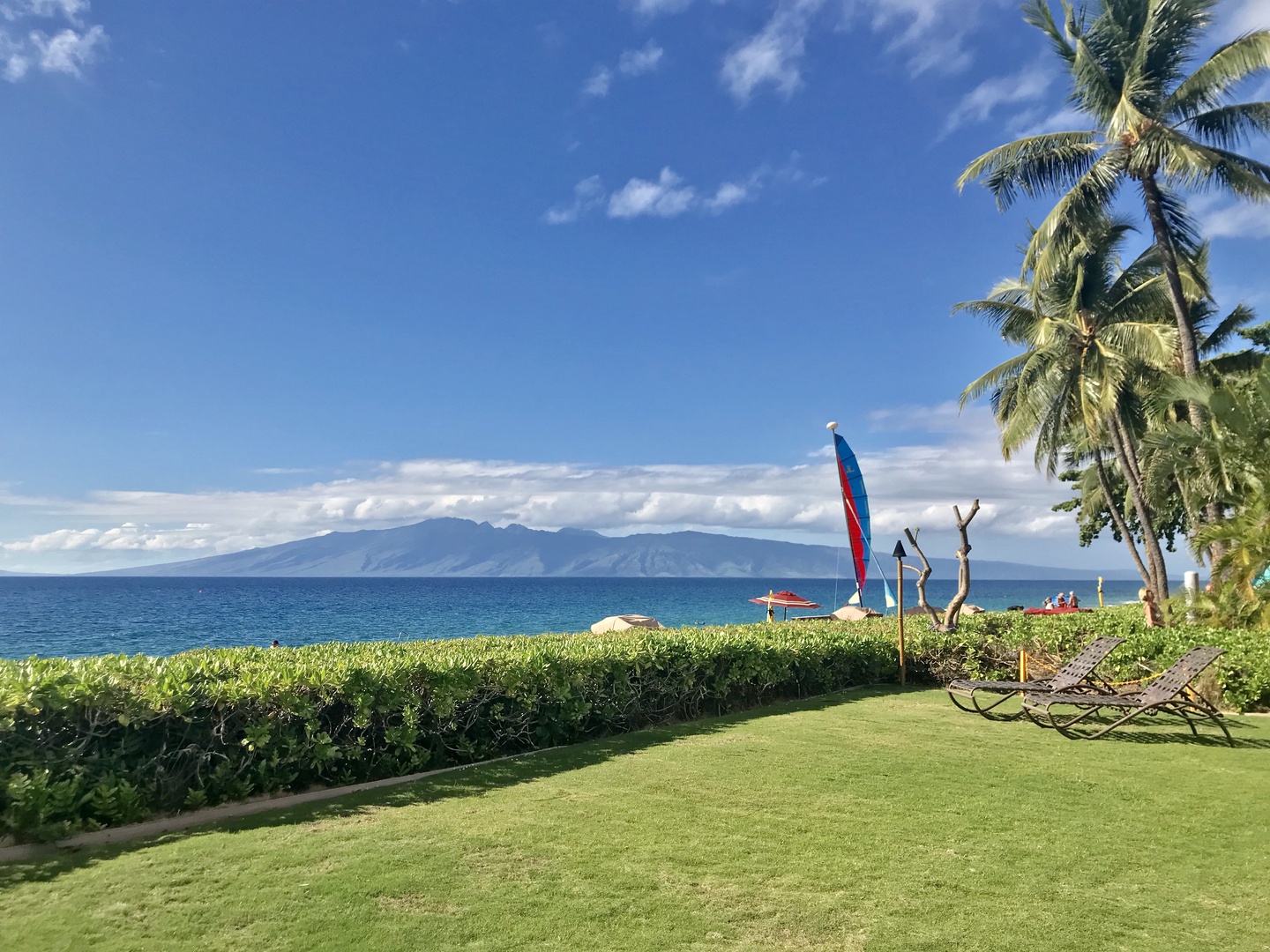 Lahaina Vacation Rentals, Maui Kaanapali Villas 292 - Ocean views and sailboats brighten the green lawn just outside Maui Kaanapali Villas 292.