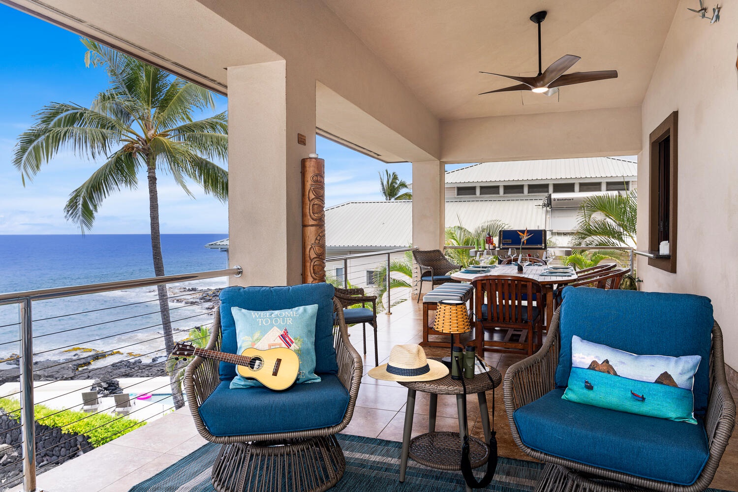 Kailua Kona Vacation Rentals, Kailani Vista - Cushions, cocktails, and the gentle strum of island tunes—this cozy lanai spot is custom-made for laid-back Kona life.