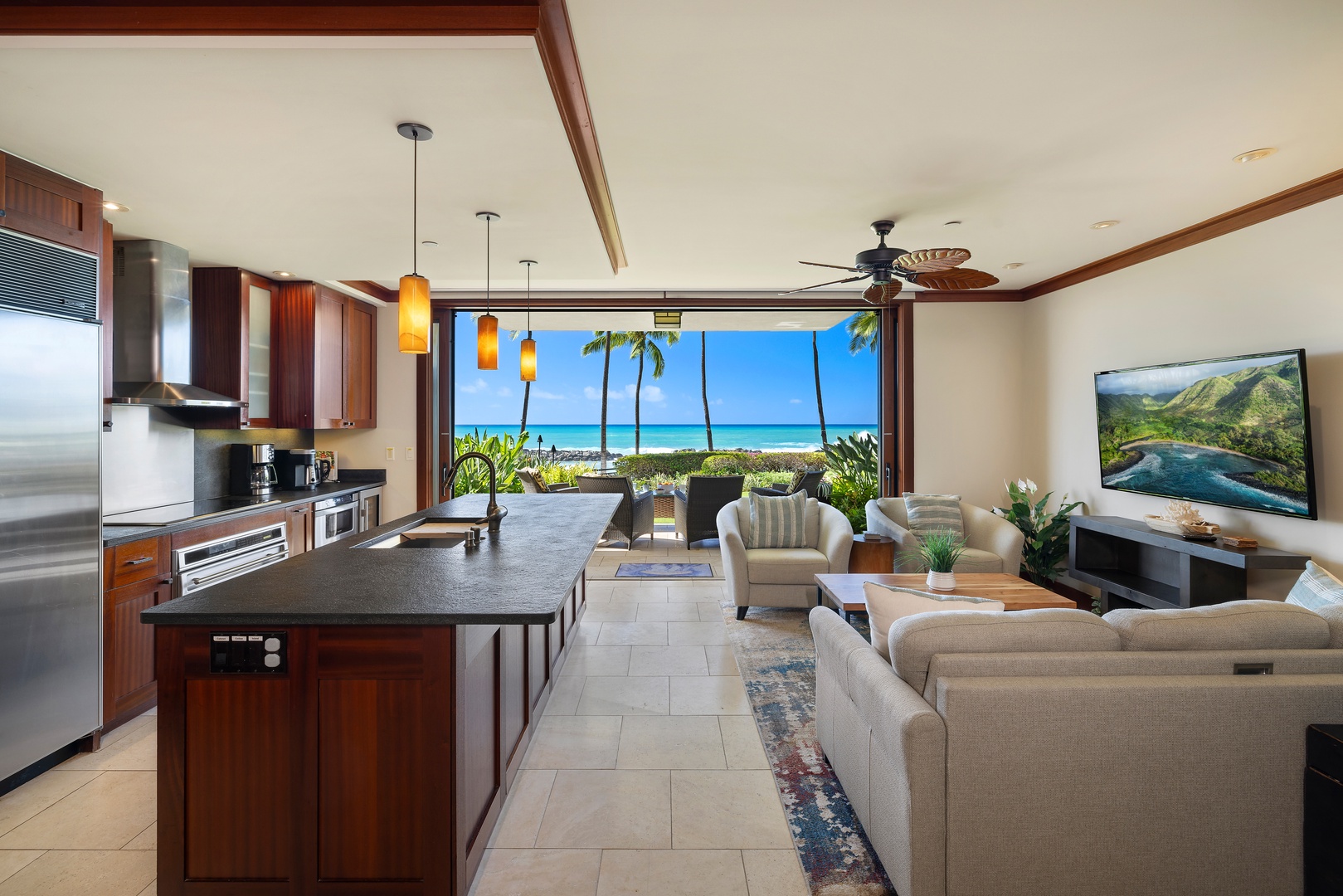 Kapolei Vacation Rentals, Ko Olina Beach Villas B109 - 1.Tall ceilings and open concept design blends living, dining and kitchen areas.