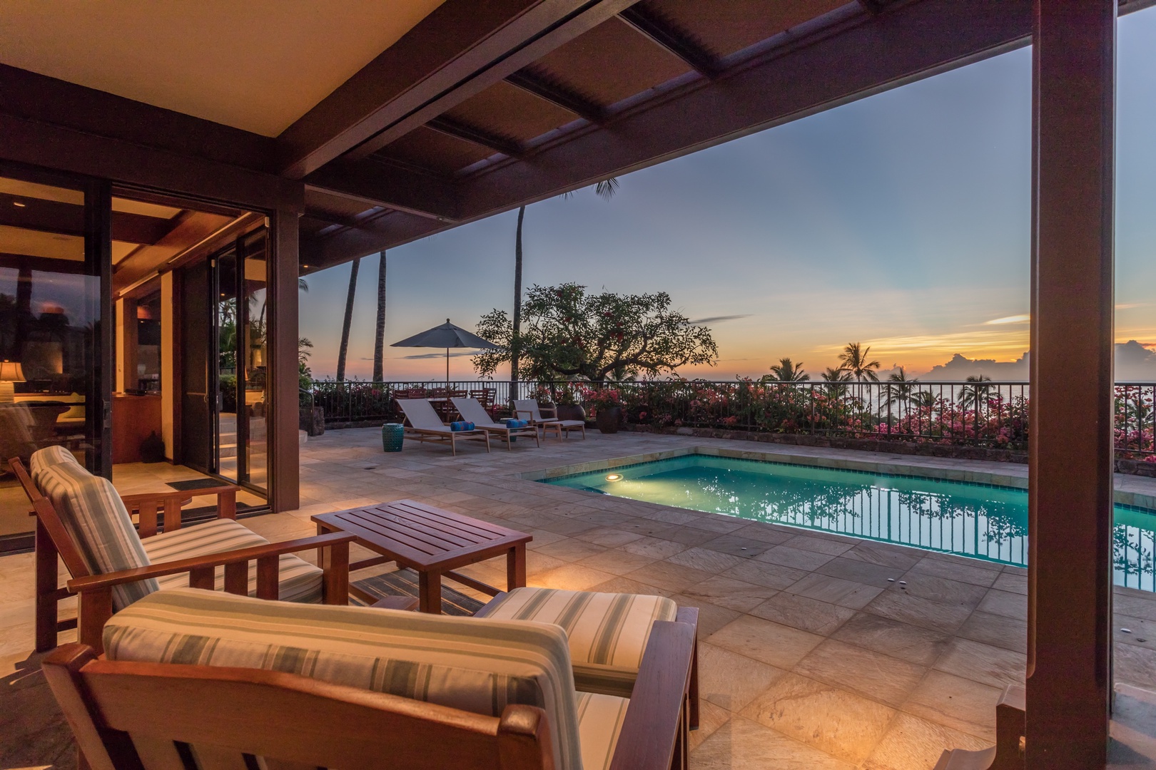 Kamuela Vacation Rentals, 4BD Villas (21) at Mauna Kea Resort - Alternate View of Primary Deck Lounge Seating at Sunset.