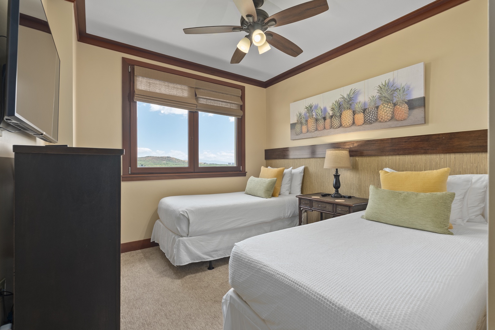 Kapolei Vacation Rentals, Ko Olina Beach Villas O1404 - Two twin beds in the guest room, a window view and a TV of their own.