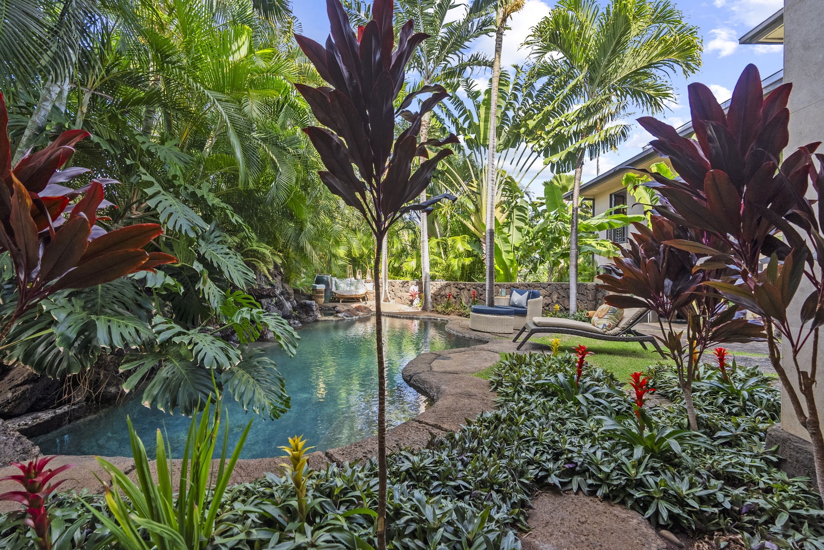 Honolulu Vacation Rentals, Pili Pono - Tranquil backyard with a serene pool surrounded by tropical plants.