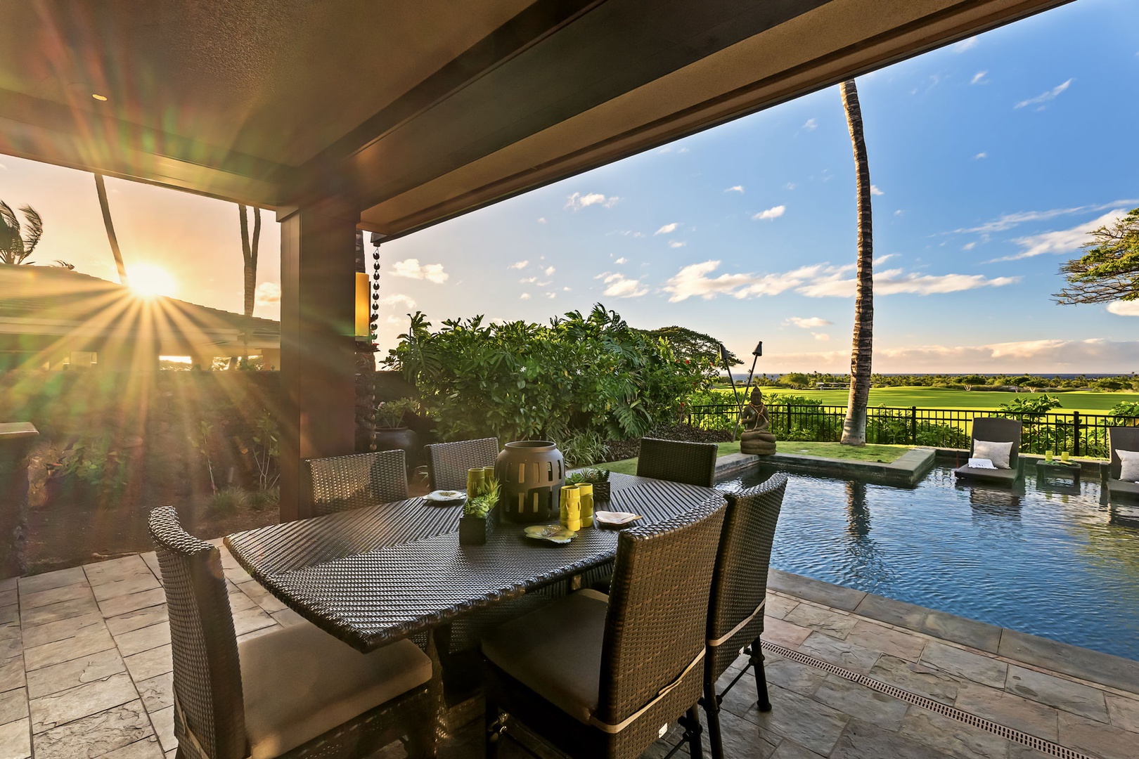 Kailua Kona Vacation Rentals, 3BD Pakui Street Estate (149) at Hualalai Resort - Gather on the lanai as the afternoon light turns copper and the sun drops straight down the golf course and into the sea.