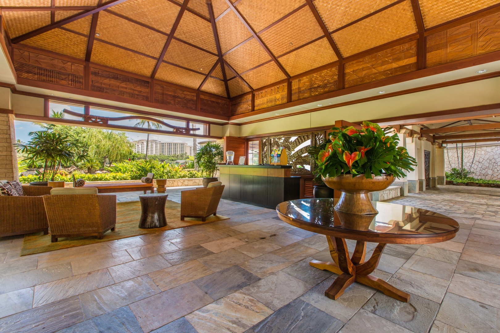 Kapolei Vacation Rentals, Ko Olina Beach Villa B604 - The open are resort lobby for check in.