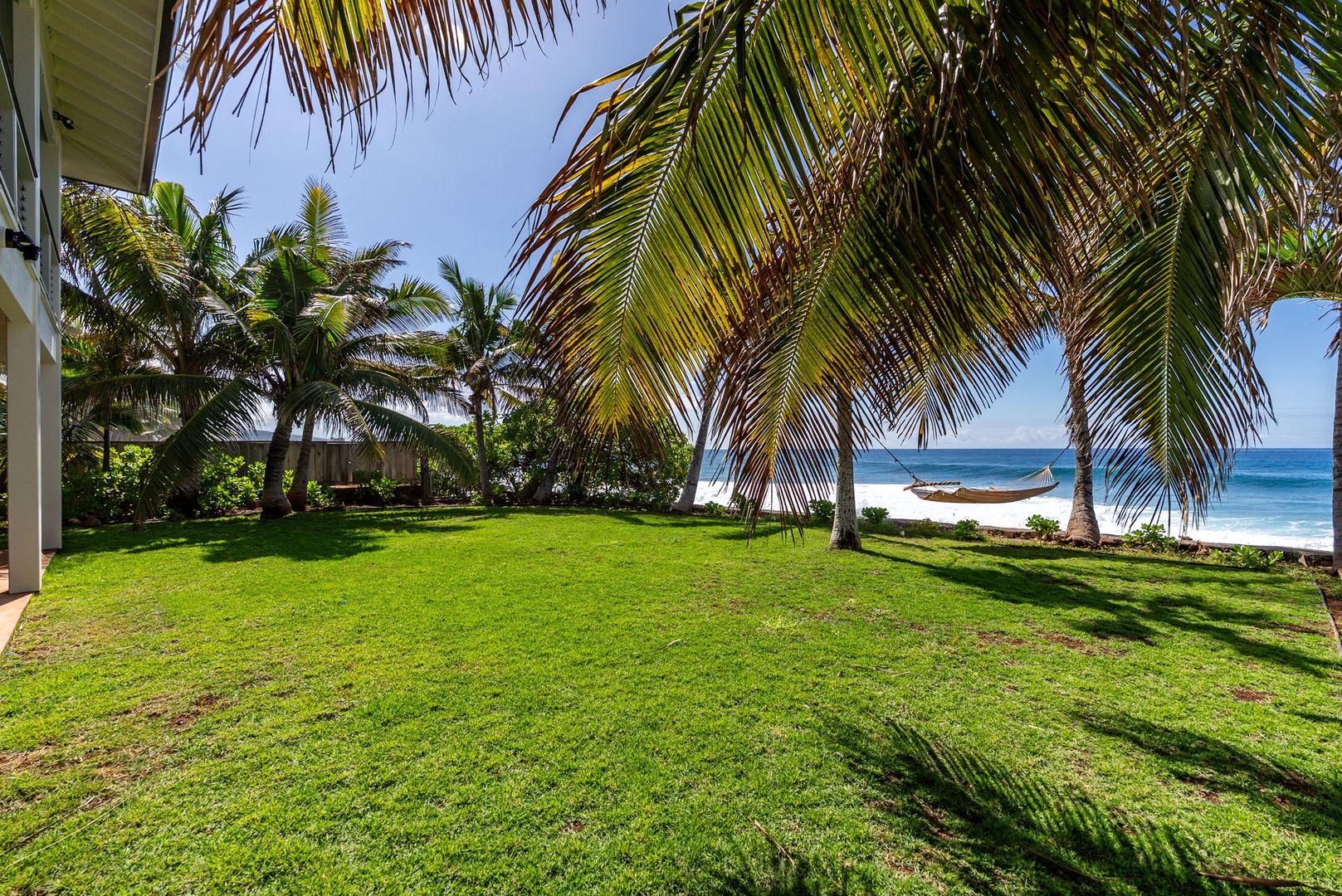 Waianae Vacation Rentals, Oceanfront Luxury Dream Estate - Expansive green lawn bordered by palms, perfect for yoga, kids’ play, or peaceful reflection.