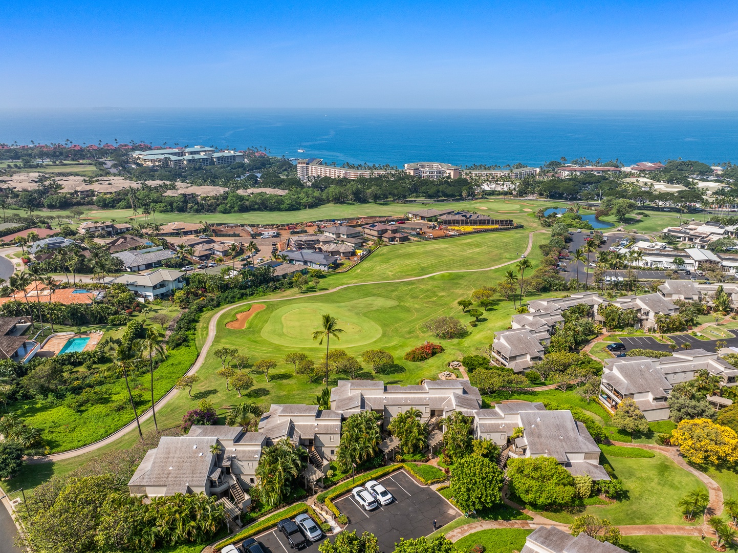 Kihei Vacation Rentals, Wailea Ekolu 1605 - Aerial view of Wailea Ekolu Resort, featuring the resort buildings and scenic golf course.