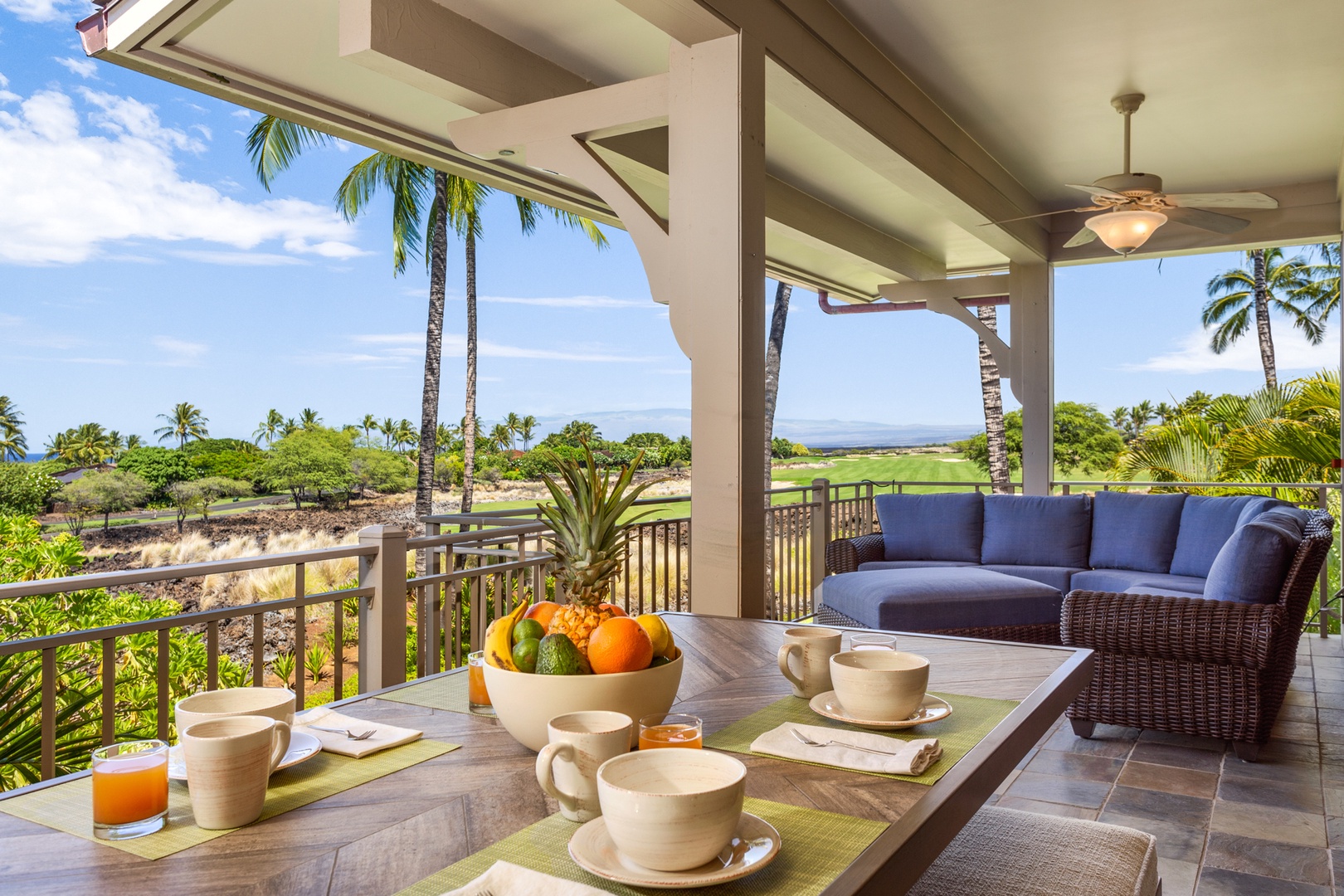 Kailua Kona Vacation Rentals, 3BD Ka'Ulu Villa (129D) at Four Seasons Resort at Hualalai - Upstairs lanai connected to living area with sunset and peek-a-boo ocean views.