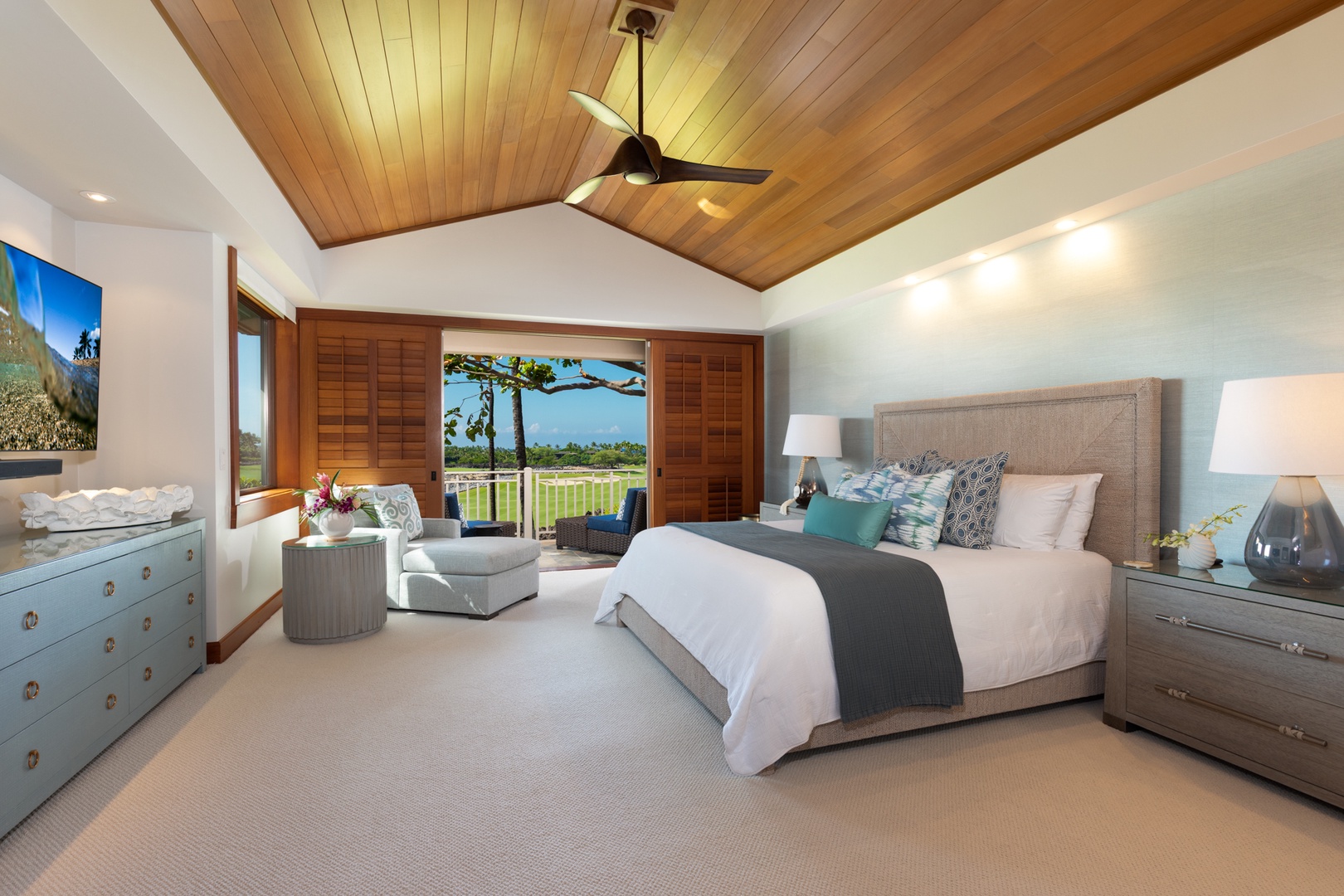 Kailua Kona Vacation Rentals, 3BD Waiulu Villa (111D) at Hualalai Resort - Relax in your spacious primary suite with stunning golf course views and warm wood accents creating the perfect tropical retreat.