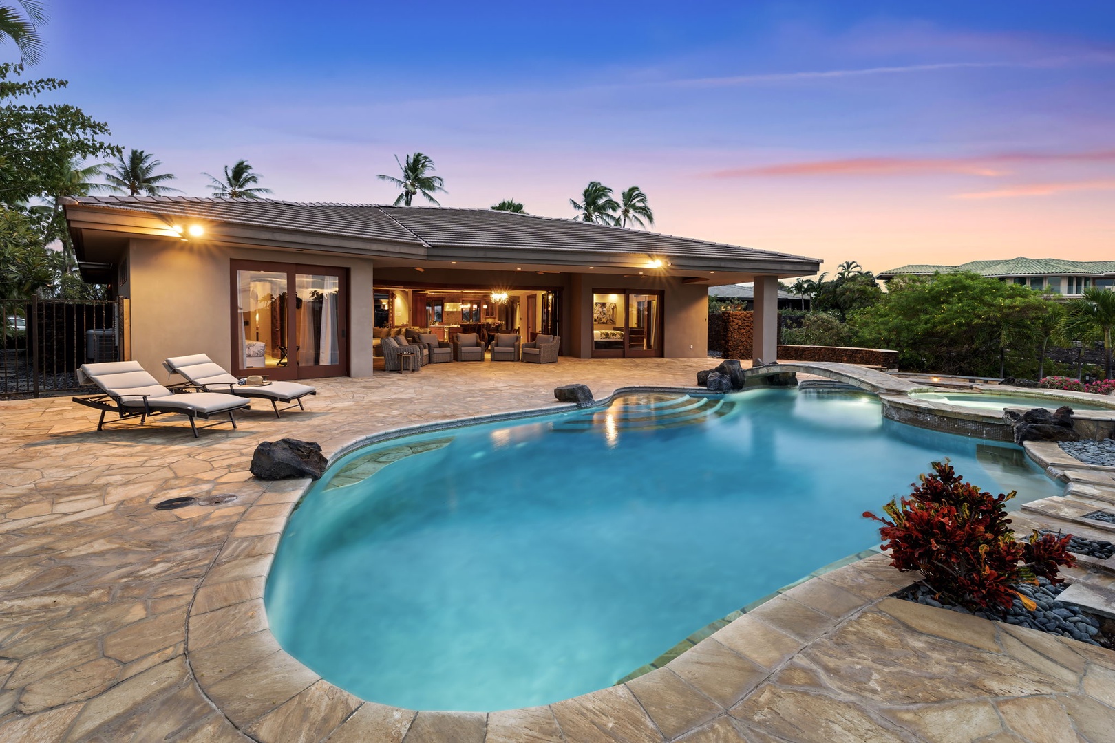 Kamuela Vacation Rentals, Hale Konane - Evening ambiance takes over this private resort-style pool and expansive lanai.