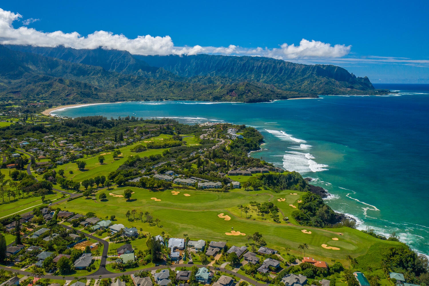 Princeville Vacation Rentals, Emmalani Court 414 - Aerial view of the Emmalani Community - Expansive ocean, mountain, and golf course views