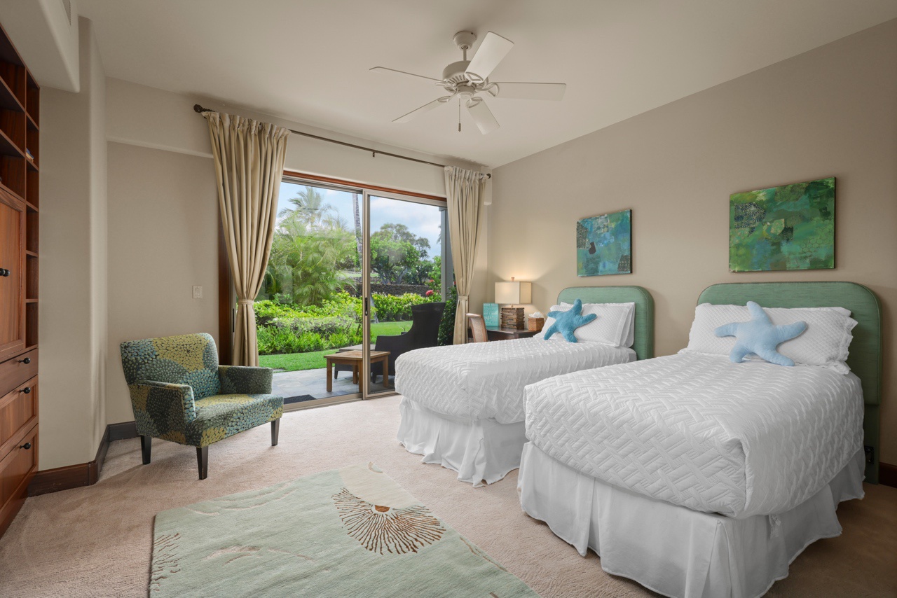 Kailua Kona Vacation Rentals, 3BD Ke Alaula Villa (210A) at Four Seasons Resort at Hualalai - Lower level guest room with two twin beds (can convert to a king upon request) and private patio.