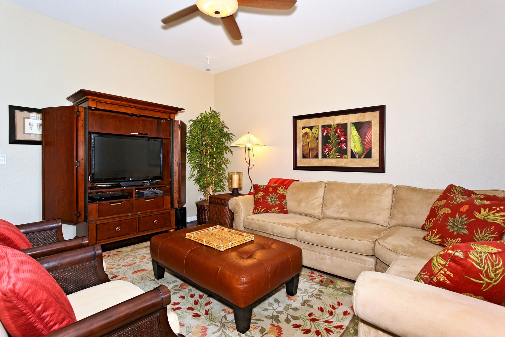 Kapolei Vacation Rentals, Coconut Plantation 1108-2 - Sink into the plush seating in the living area surrounded by natural wood tones.