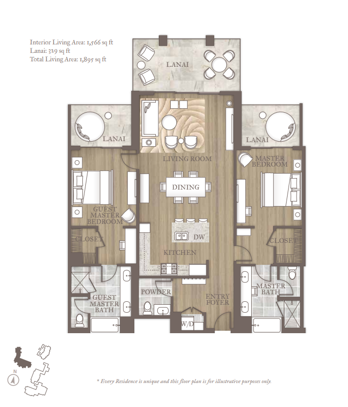 Lihue Vacation Rentals, Maliula at Hokuala 2BR Superior* - Floor plan for the two-bedroom Maliula Superior.