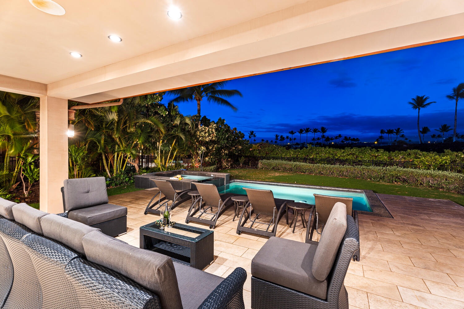 Kamuela Vacation Rentals, Laule'a Ohana Retreat - Relax beneath the stars on the spacious covered lanai with seating at Laule'a #13.