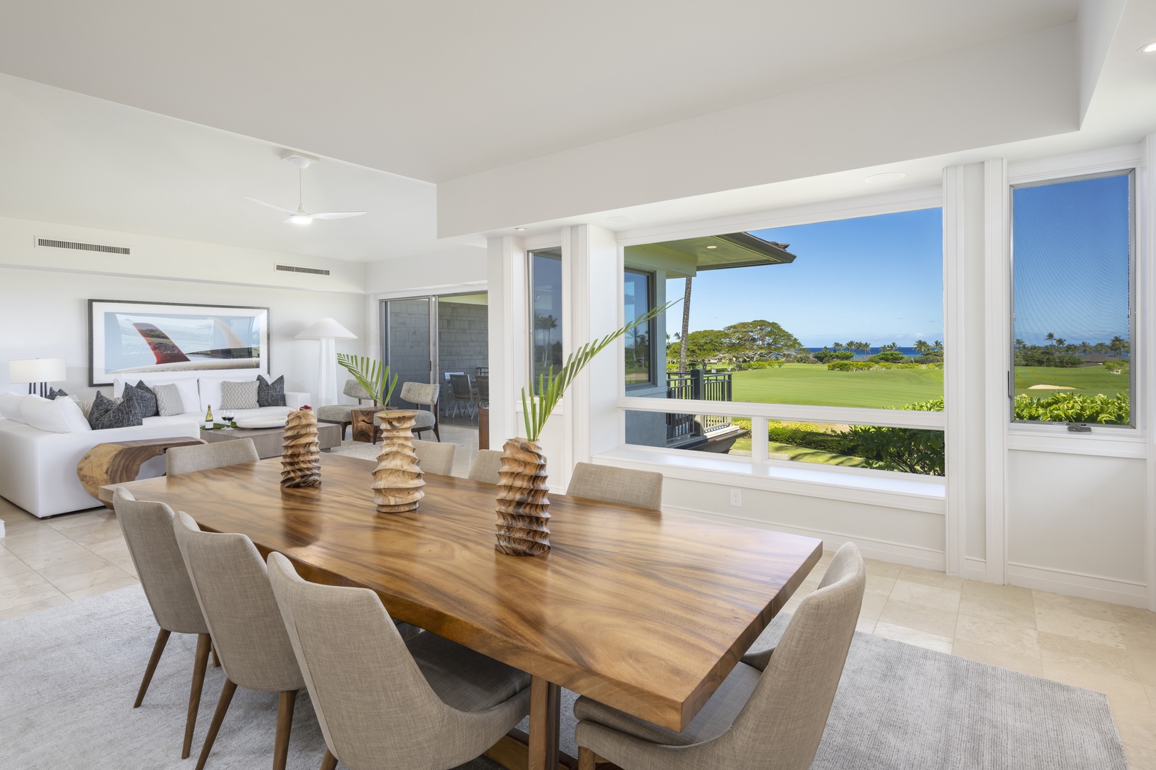 Kailua Kona Vacation Rentals, 3BD Palm Villa (130B) at Hualalai Resort - Enjoy breakfast at your stunning dining table while gazing out at pristine golf course views through expansive windows.