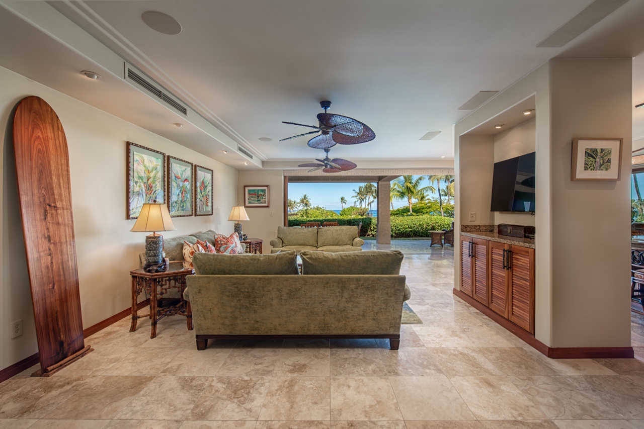 Kailua Kona Vacation Rentals, 2BD Hillside Villa (4102) at Hualalai Resort - The view from the living area looking at the lanai.