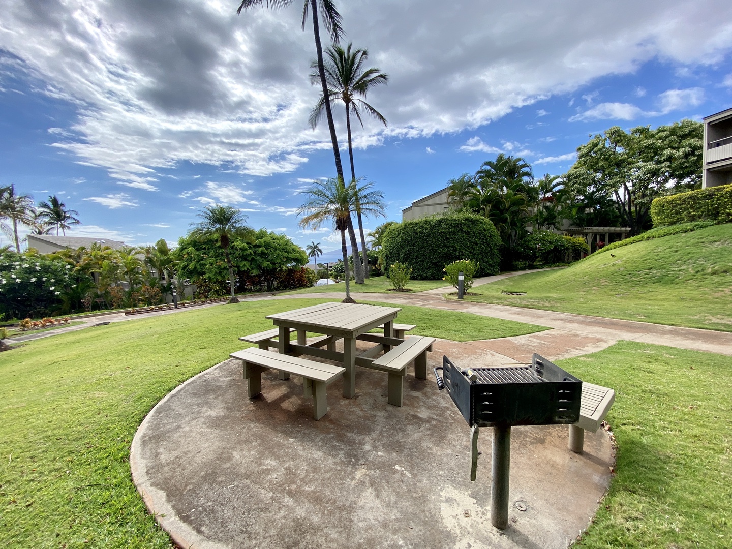 Kihei Vacation Rentals, Wailea Ekolu 1605 - A picnic area with a barbecue grill, offering a perfect spot for outdoor meals and gatherings amidst tropical surroundings.