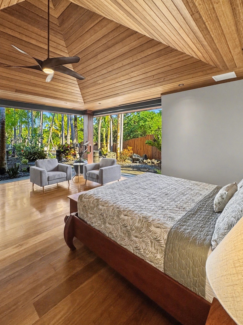Kailua-Kona Vacation Rentals, Hahalua Bay Villa - Unwind in your serene bedroom sanctuary with stunning wooden ceilings and panoramic garden views that create the perfect peaceful retreat.