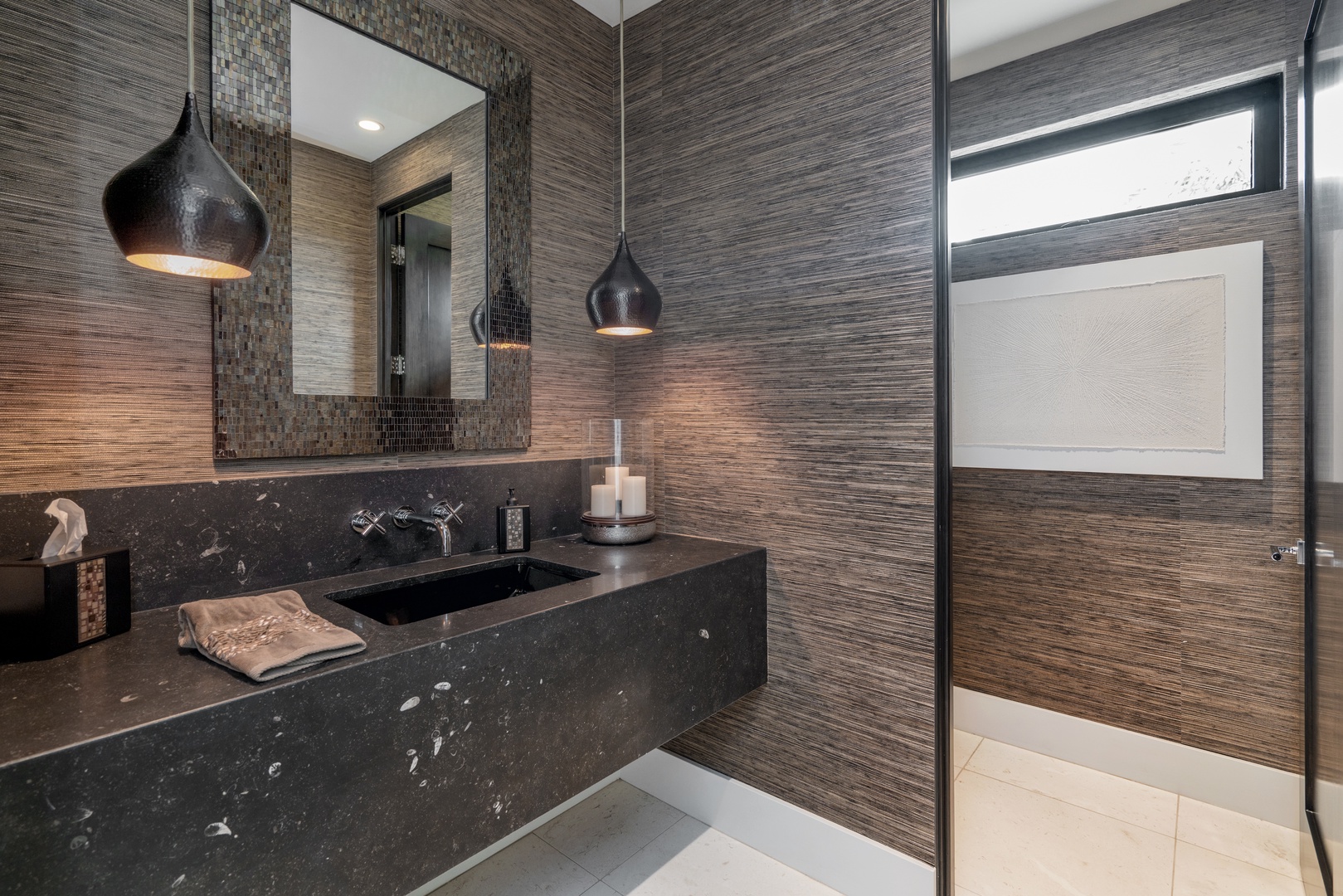 Honolulu Vacation Rentals, Diamond Head Grandeur - The guest bathroom features a modern contrast design and a walk-in shower, creating a luxurious spa-like retreat after a day exploring Hawaii’s beaches.