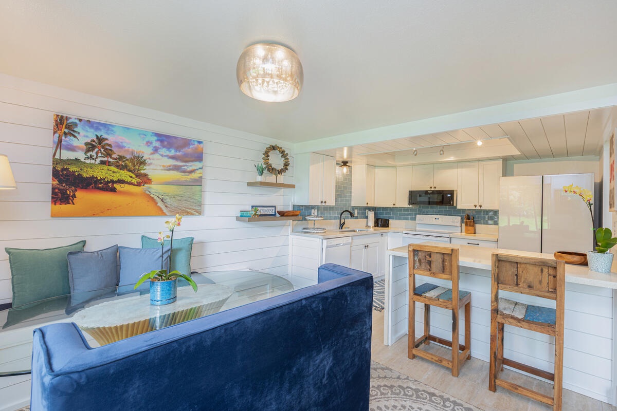 Princeville Vacation Rentals, Hale Hana Mana’o - Bright and inviting kitchen and lounge area designed for comfort and connection.