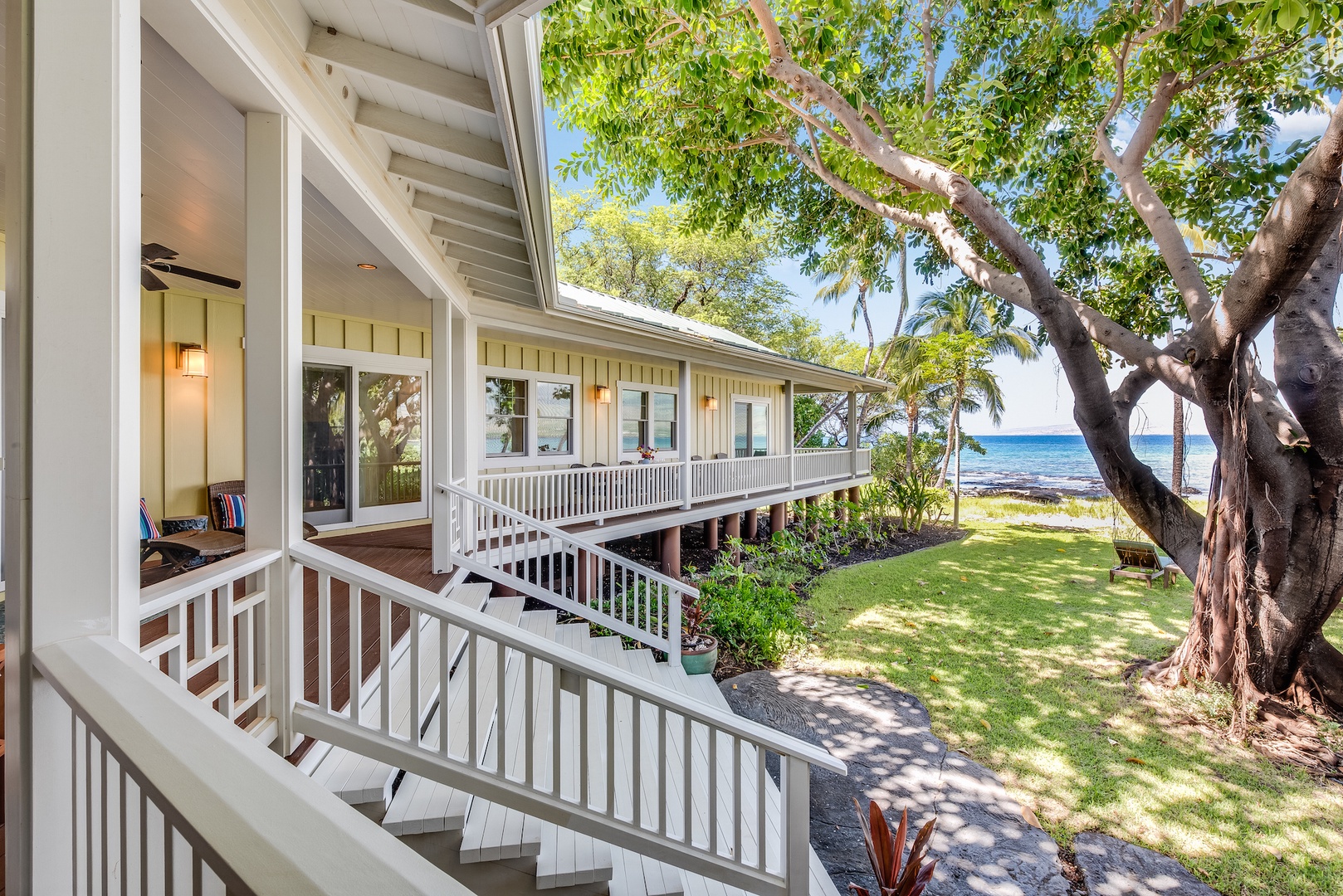 Kamuela Vacation Rentals, 4BD Estate Home at Puako Bay (74) - Expansive wrap around lanai with staircase to private lawn and beachfront