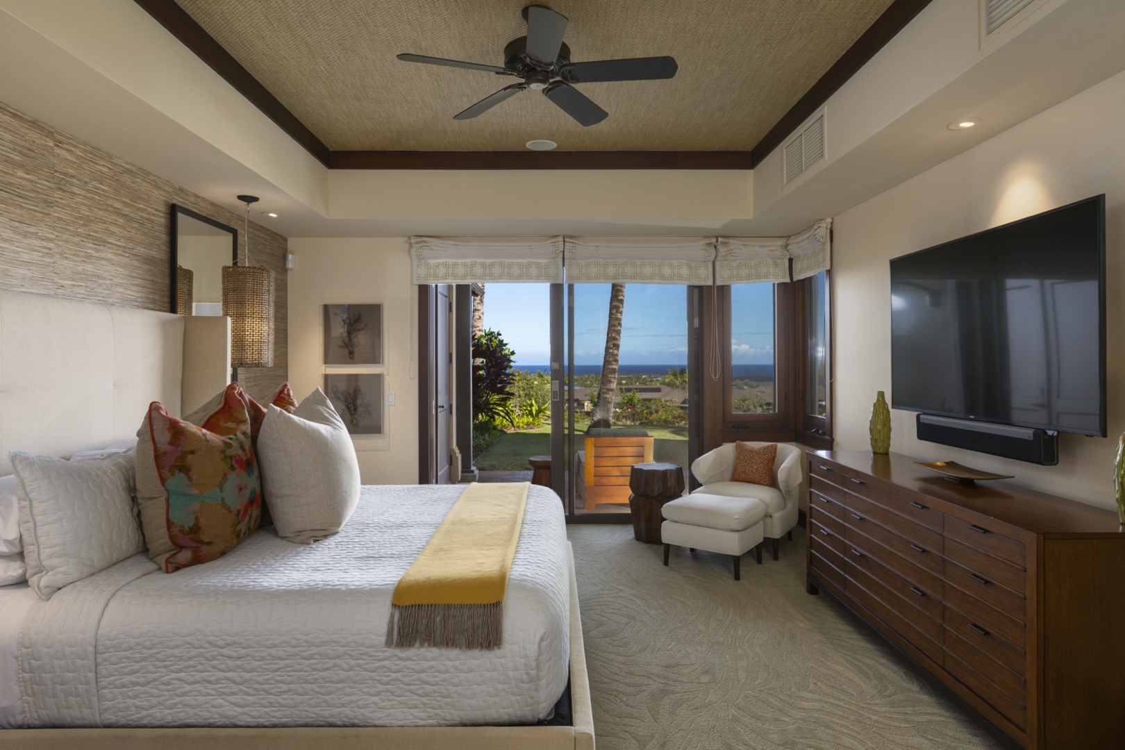 Kailua Kona Vacation Rentals, 3BD Hali'ipua Villa (108) at Four Seasons Resort at Hualalai - Primary suite with private ocean-view deck, king-size bed, and large flat-screen TV with Sonos Sound Bar.