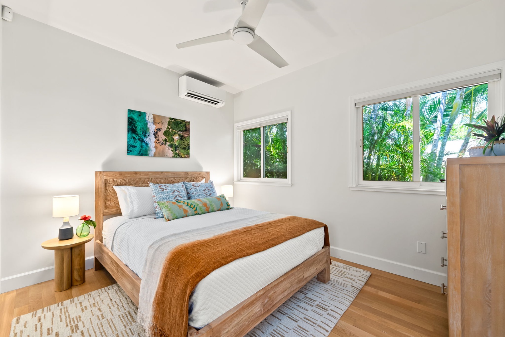 Kailua Vacation Rentals, Kailua Beach House - Bright and cozy bedroom with soft linens and garden views.