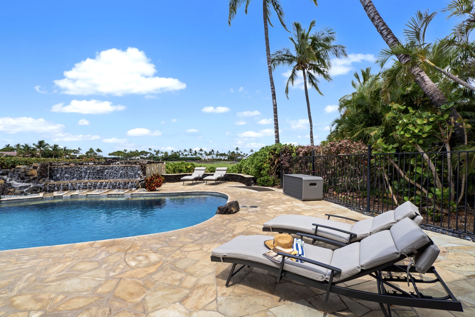 Kamuela Vacation Rentals, Hale Konane - Relax by the private pool surrounded by lush greenery and swaying palm trees.